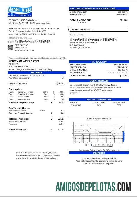Em branco modelo de conta de serviços públicos do distrito aquático de Monte Vista, EUA, Califórnia, em formatos Word e PDF